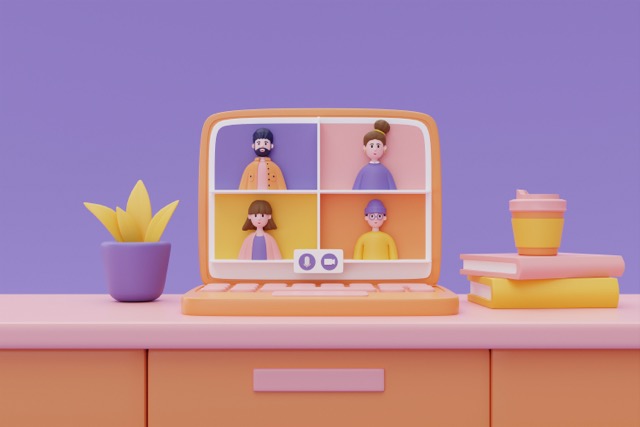 A colorful illustration of a laptop on a desk showing four people in a virtual meeting. Next to the laptop are a potted plant, two stacked books, and a reusable coffee cup, all set against a purple background.