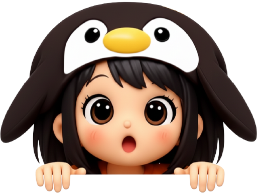 a little girl with orange shirt and penguin hat peeking from the bottom