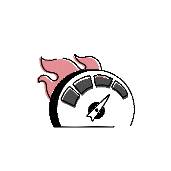 A speedometer needle points to the maximum, with stylized red flames behind it, suggesting high speed or performance.