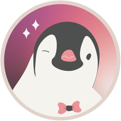 Cartoon penguin with a pink bow tie winking, set against a circular pink gradient background with two white sparkles to the left—a playful penguin design full of charm.