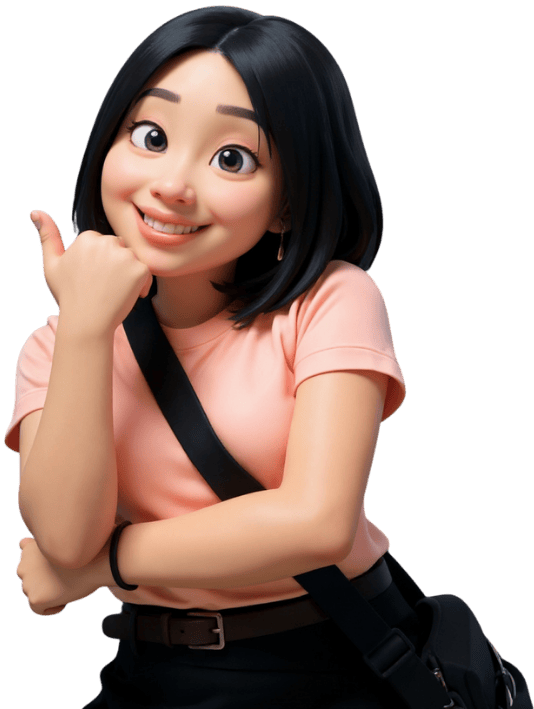 cartoon animated asian girl with black hair and pink clothes, giving a thumbs up
