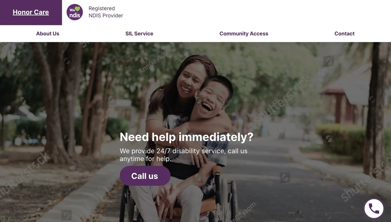 A smiling woman hugs a laughing boy in a wheelchair on a sunny outdoor path. Text overlay reads: “Need disability help immediately? We provide 24/7 service—call us anytime.” A “Call us” button is visible.