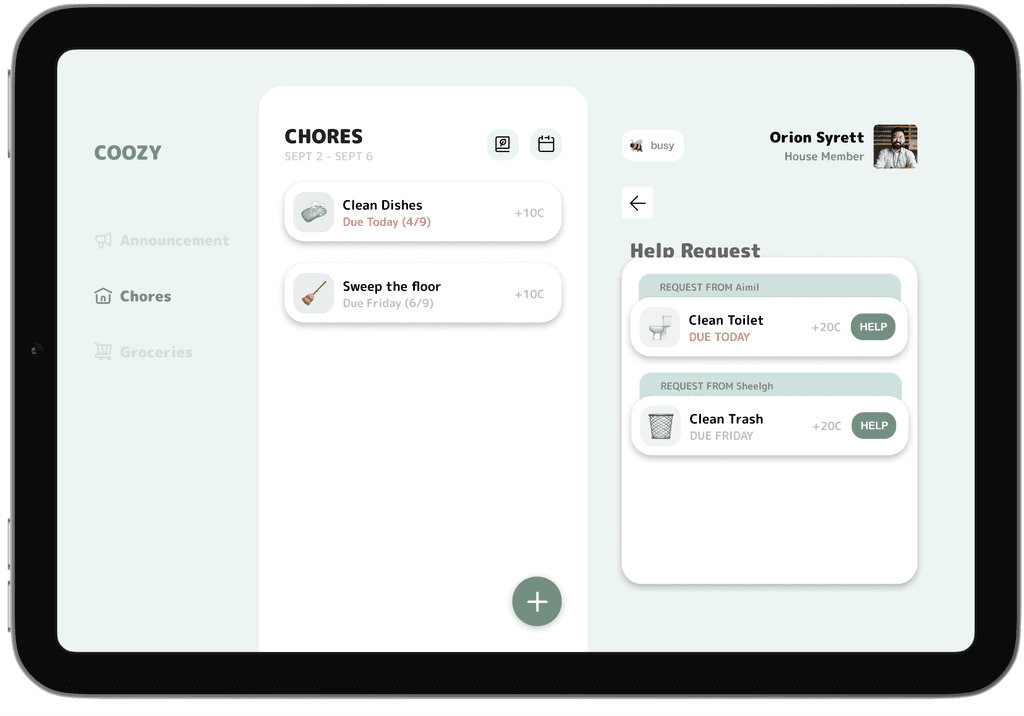 A tablet screen showcases a chore app design featuring a list of chores, help requests, due dates, and user profile details on the right side, with options to assist with tasks like cleaning the toilet and taking out trash.