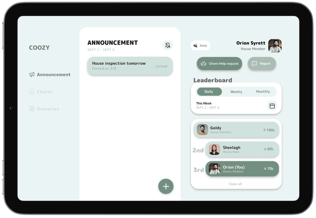 A tablet screen displays an app design for home management, featuring sections for announcements, chores, groceries, a leaderboard, and user profiles. An announcement about a house inspection is prominently highlighted in the center.