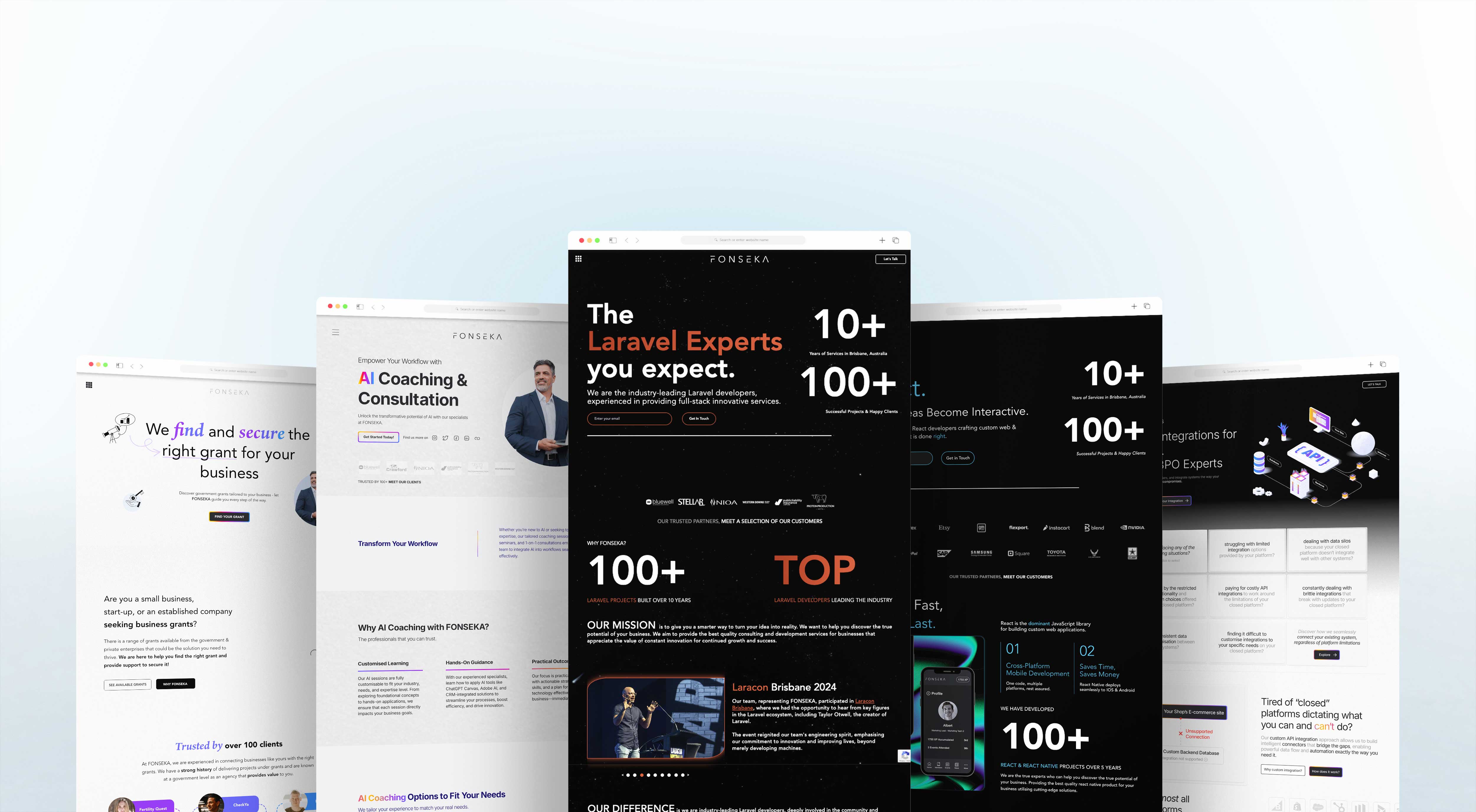 Five overlapping website mockups are displayed in a staggered arrangement, featuring modern web design with text, images, and dark or light color schemes. The center mockup highlights The Laravel Experts you expect.