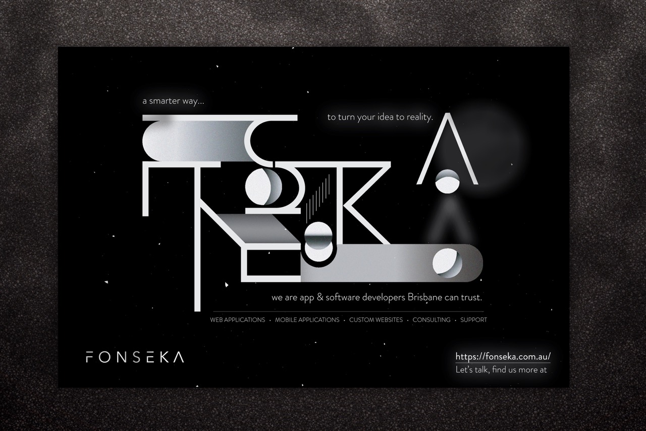 A futuristic, black and white digital graphic for FONSEKA features elegant abstract geometric shapes and text promoting app and software development. The dark theme highlights services like web apps, mobile apps, consulting, and the website link.