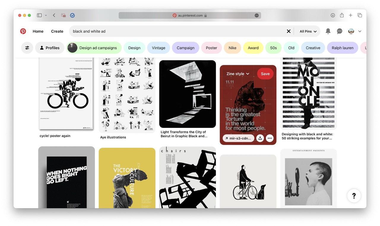 A Pinterest search results page displays a moodboard of black and white graphic design posters, featuring bold text, geometric shapes, and artistic illustrations arranged in a grid layout.