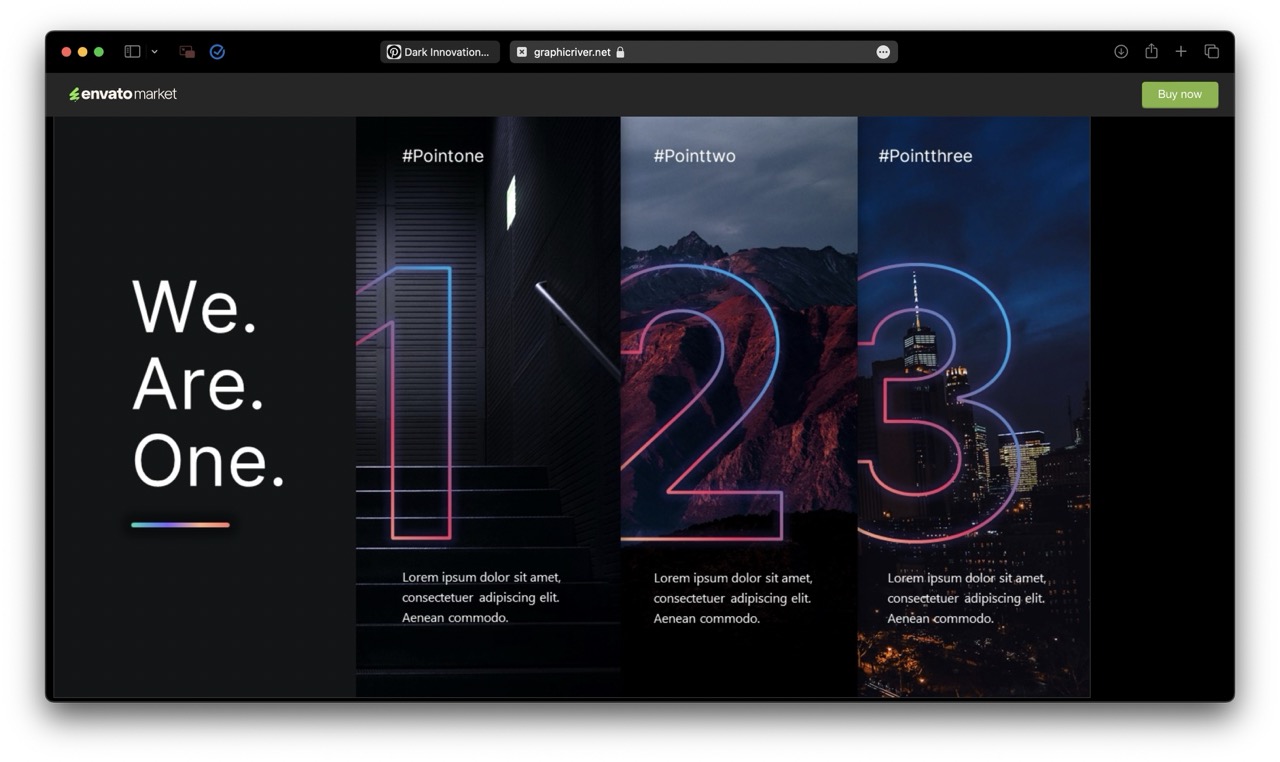 An elegant, dark theme website design features a moodboard of three vertical panels labeled #Pointone, #Pointtwo, and #Pointthree with neon numbers 1, 2, and 3 over striking background images. Left-side text reads We. Are. One.
