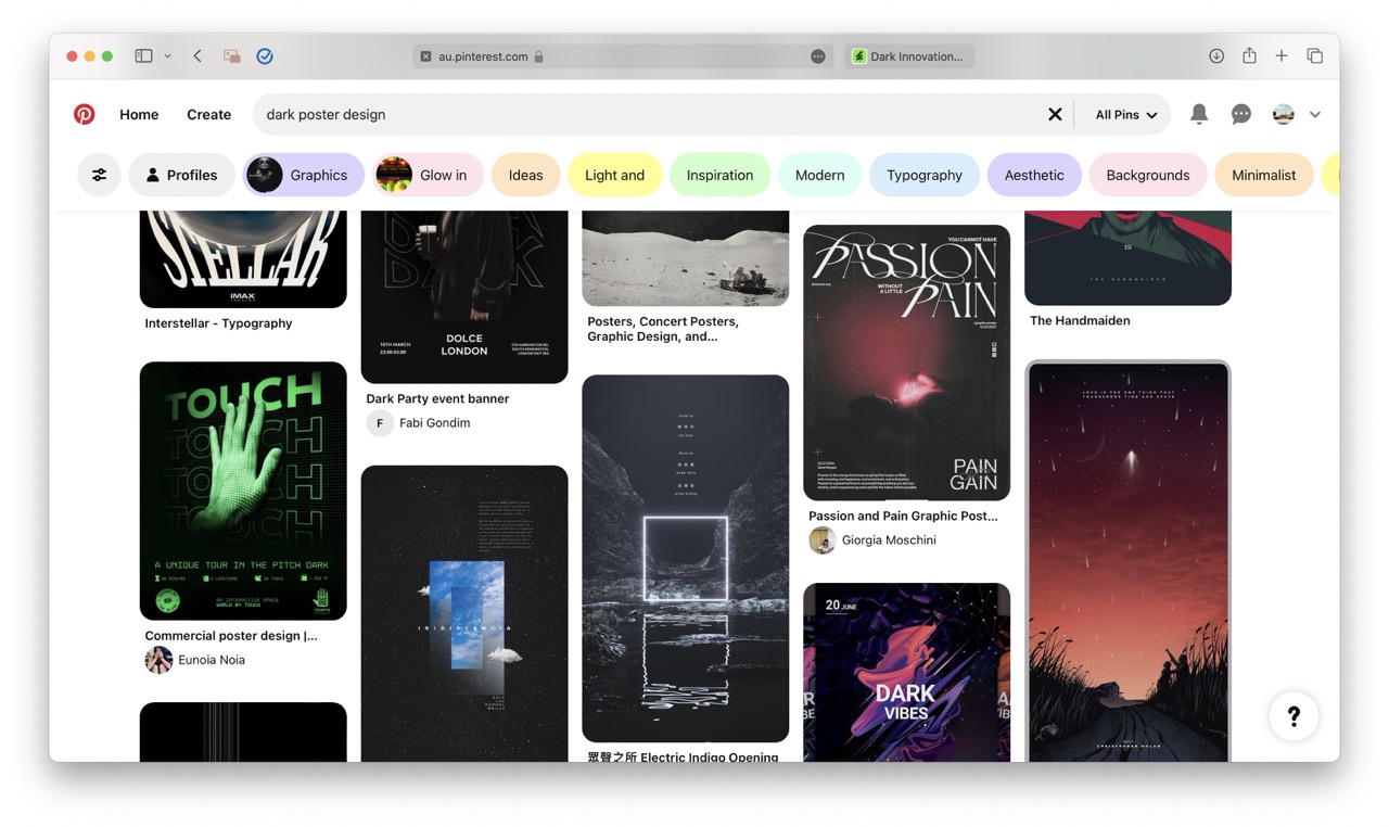 A Pinterest search results page displays stylised, dark-themed poster designs featuring bold typography, neon elements, abstract graphics, and moody color schemes in a grid layout for a very vibe aesthetic.