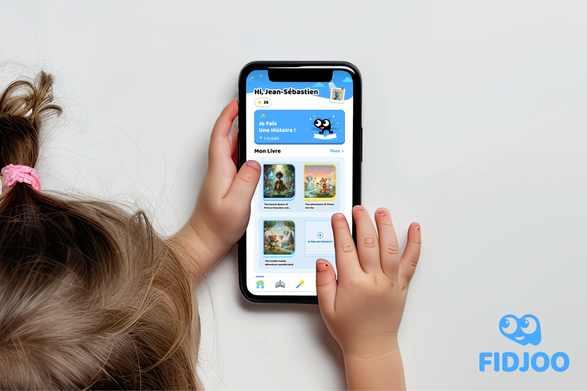 A young child uses a smartphone with an educational app displaying colorful illustrations and text. The screen features a cartoon penguin and various book options, making learning engaging and interactive. © 2026 SONIIPY. All Rights Reserved.