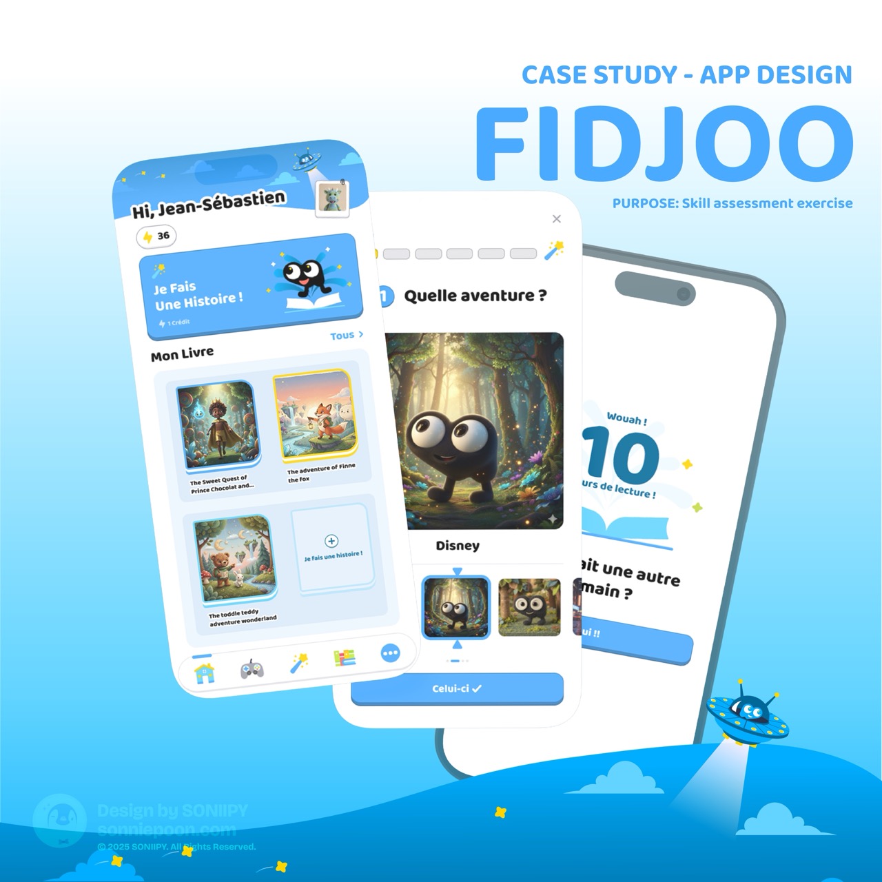 Case Study - App Design FIDJOO. Purpose Skill assessment exercise. Illustration of a children's storytelling app showcasing its APP Redesign, with a user interface featuring a cartoon character, book selection, and adventure choices on a mobile phone screen against a blue background. &copy; 2025 SONIIPY. All Rights Reserved.