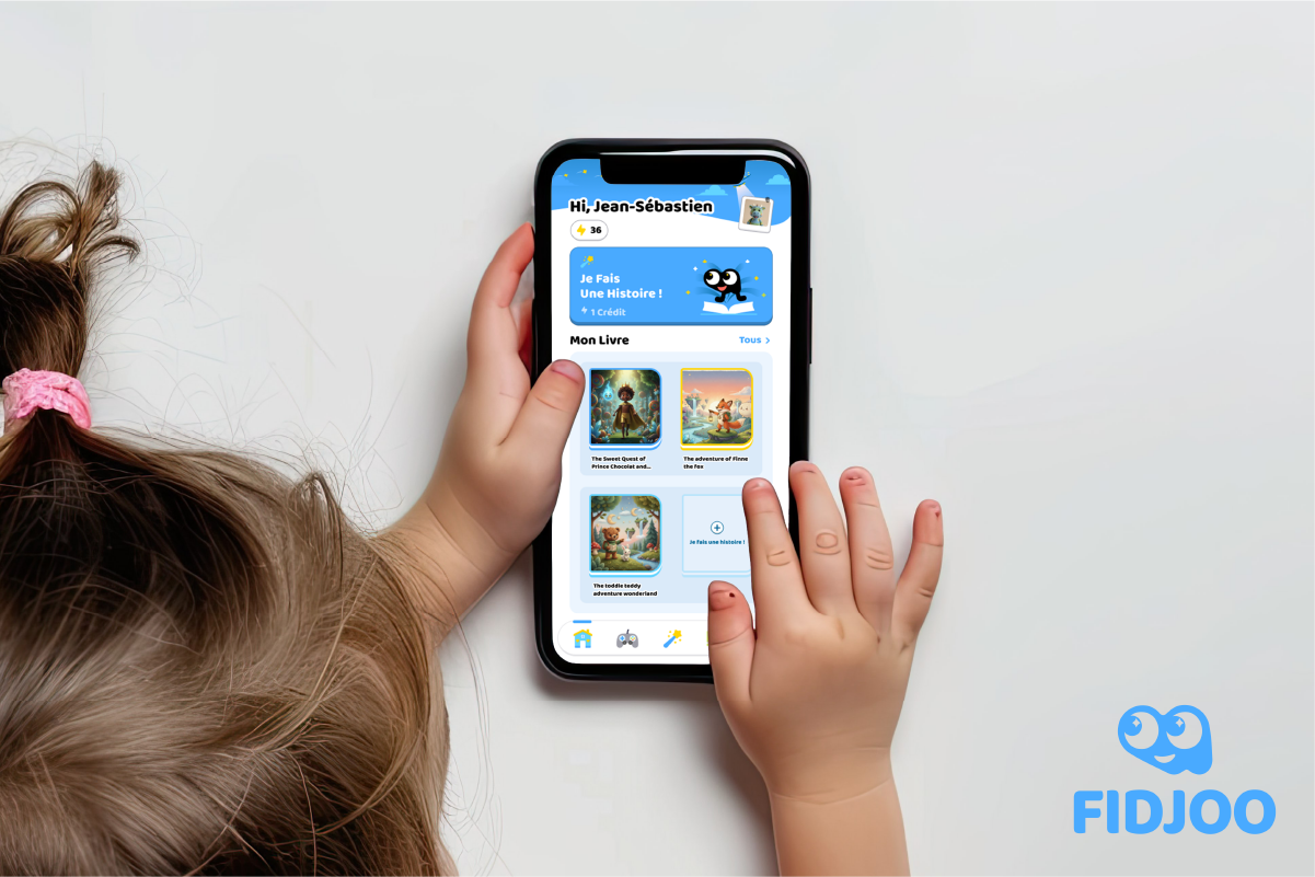 A young child uses a smartphone, interacting with a colorful, kid-friendly reading app displaying stories. The Fidjoo logo in the bottom right corner.
