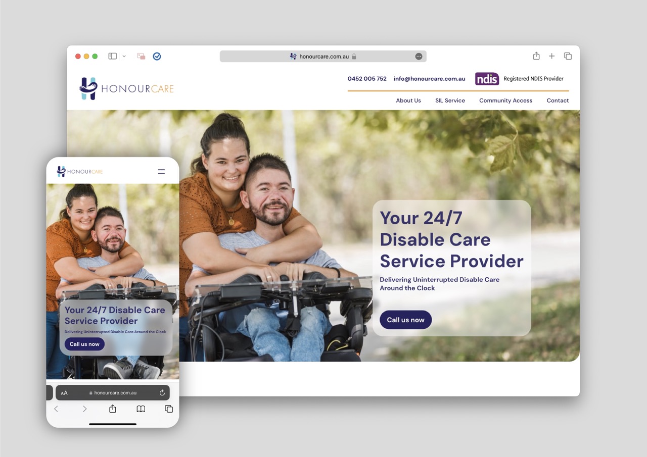 A website homepage for Honour Care shows a smiling woman embracing a man in a wheelchair. Text reads, Your 24/7 Disable Care Service Provider. Delivering Uninterrupted Disable Care Around the Clock.