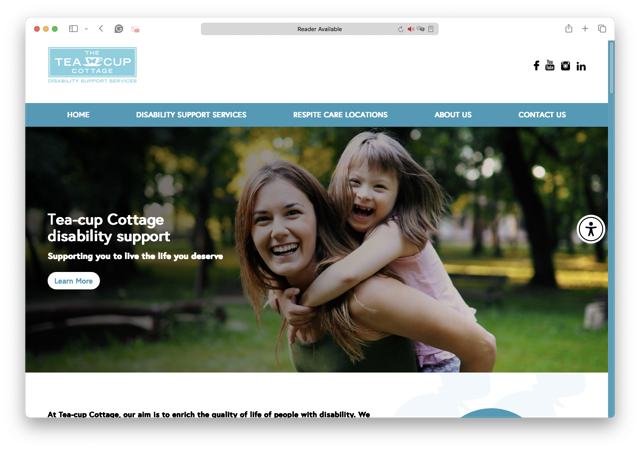 Screenshot of a website homepage for Tea-cup Cottage Disability Support, featuring a smiling woman giving a piggyback ride to a laughing young girl outdoors. The site menu and logo are visible at the top.
