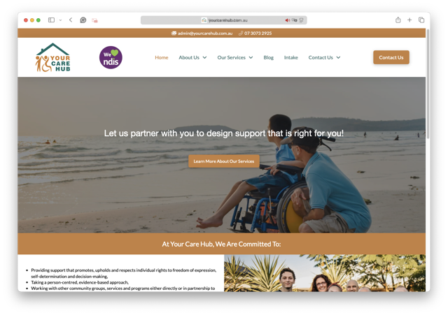 A website homepage for Your Care Hub shows a beach scene with a young person in a wheelchair and two adults smiling. The page invites users to design support services and features navigation links and contact information.