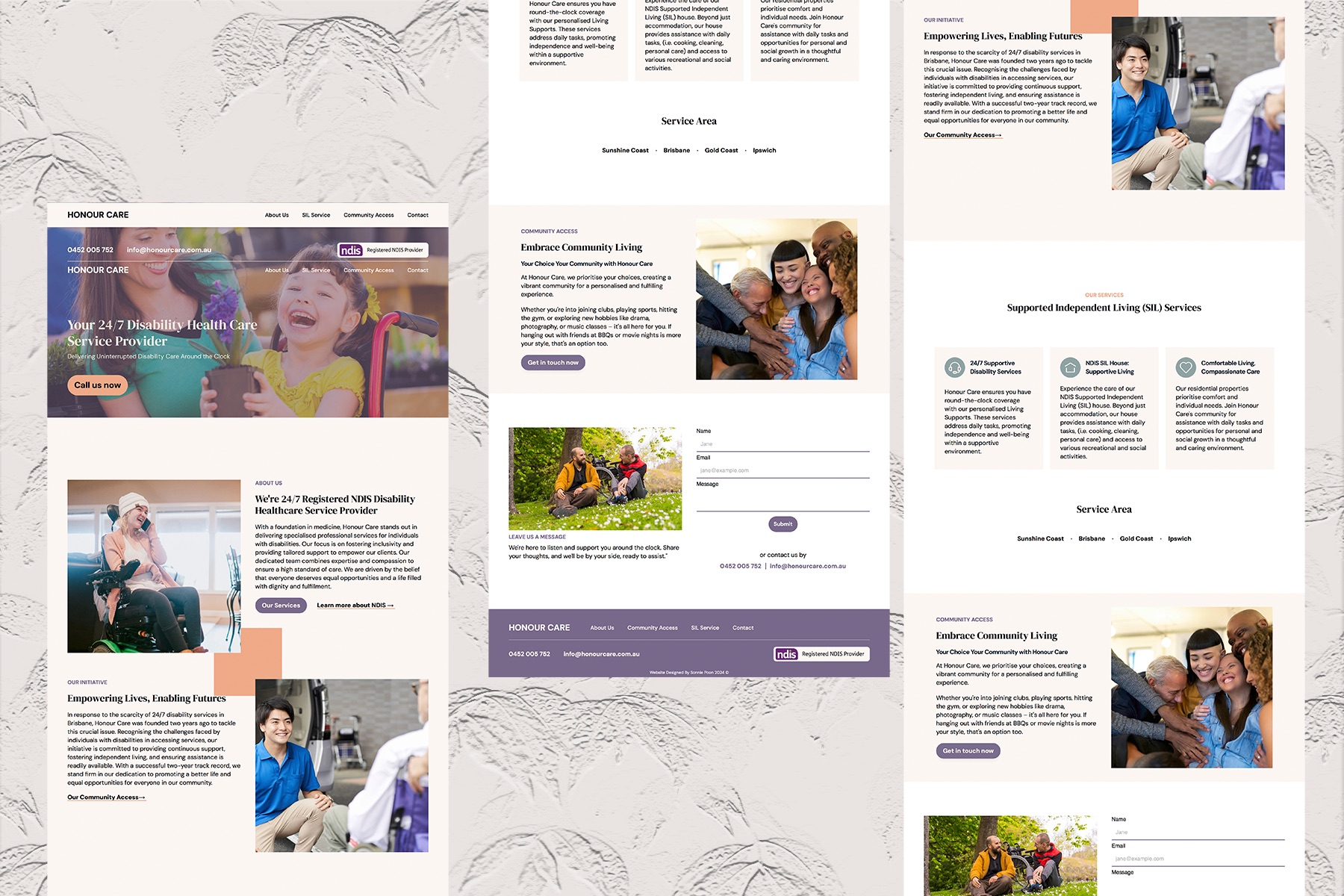 A collage of website mockups with a light, neutral background, showcasing pages for a disability care service. The designs feature diverse people smiling, service descriptions, navigation menus, and contact forms.