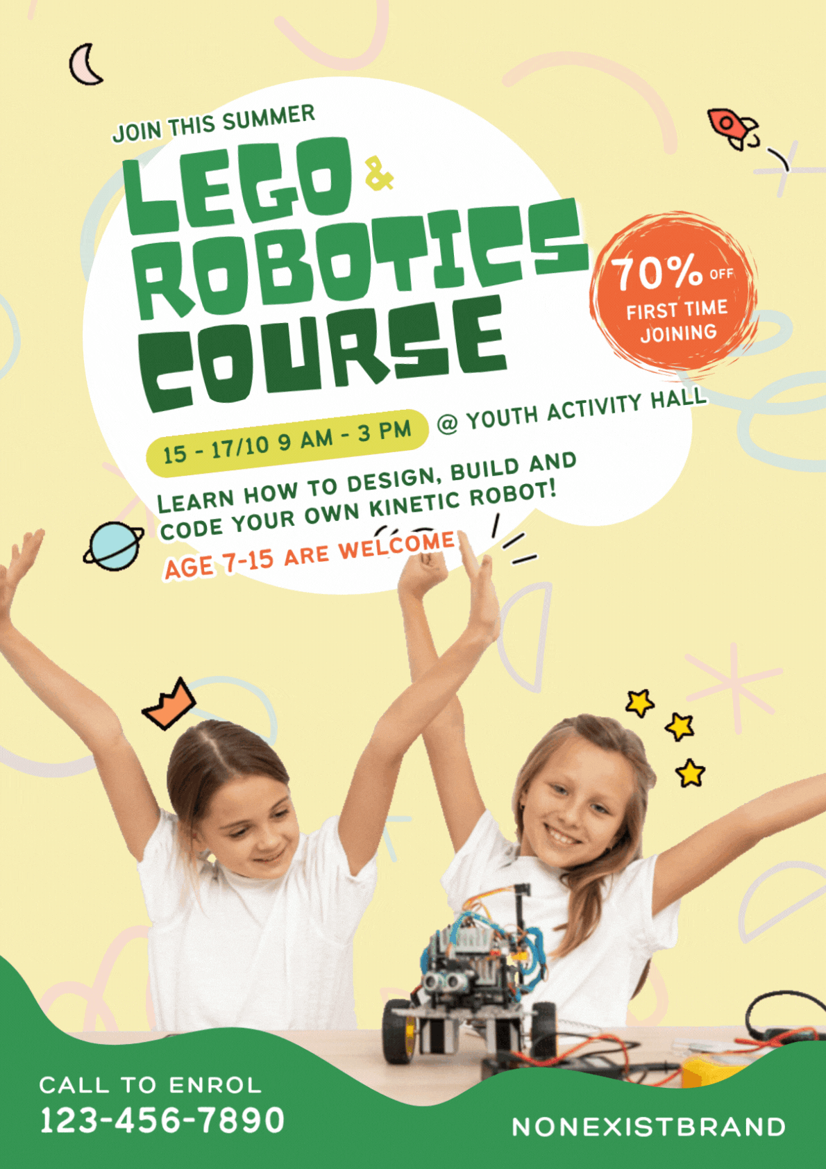 Two smiling children raise their arms, sitting at a table with a robotic toy. This social media post campaign promotes a summer Lego & Robotics course for ages 7–15—get 70% off for first-time joiners! Contact details and dates are provided.