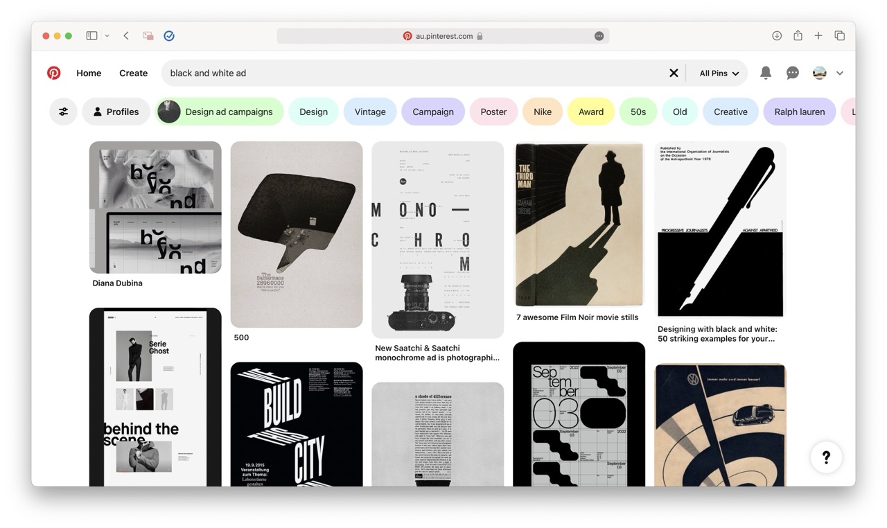 A Pinterest search results page for black and white ad showcases a moodboard-like grid of various monochrome graphic designs, posters, and advertisements with modern, abstract, and minimalist styles.