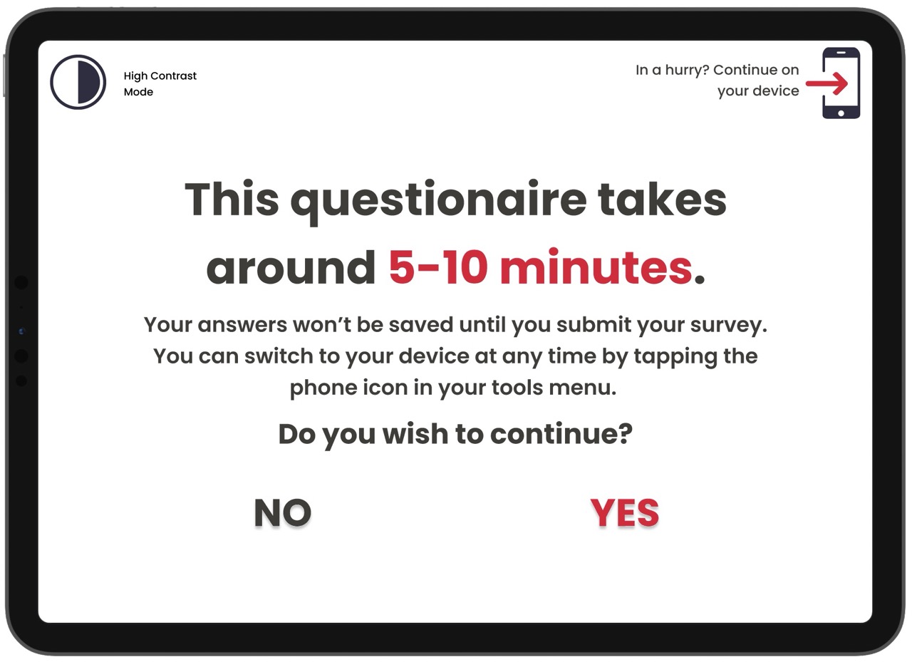 A tablet screen displays a web survey: “This questionnaire takes around 5–10 minutes,” with NO and YES response options below. Instructions highlight accessibility, noting answers aren’t saved until submitted and device switching is available.