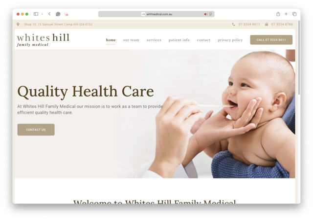 A smiling baby reaches for an adult’s face during a medical checkup, shown on the homepage of Whites Hill Family Medical website which promotes quality health care.