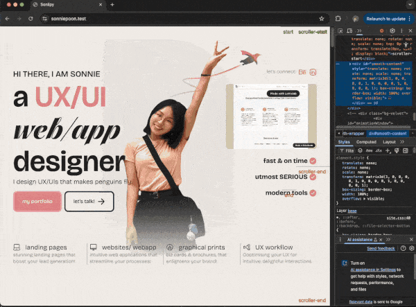 A computer screen displays the portfolio website of UX/UI web app designer Sonnie, featuring a smiling woman pointing up, navigation buttons, a web development tools list, and browser developer tools open on the right side.