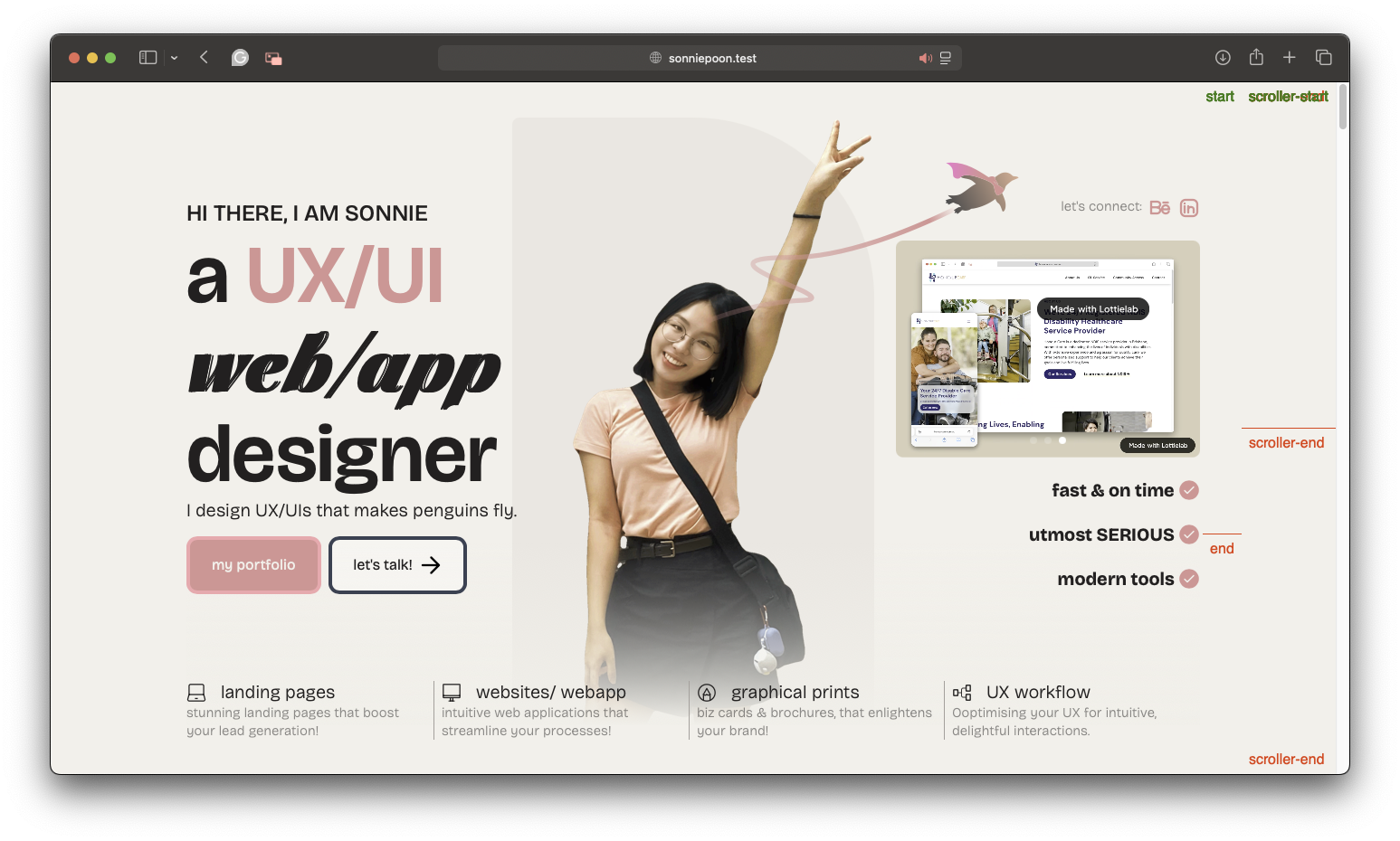Screenshot of a designer’s portfolio website. A smiling woman (me) raises her arm beside bold text: a UX/UI web/app designer. Menu options, a chatbot widget, and playful graphics highlight her web design skills on a light background.
