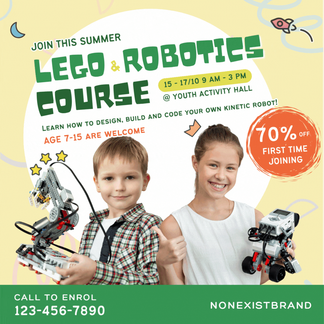 A static square social media post shows two smiling children holding LEGO robots to promote a Summer Lego & Robotics course for ages 7–15, featuring a 10% discount for first-time joiners and clear enrollment contact details.
