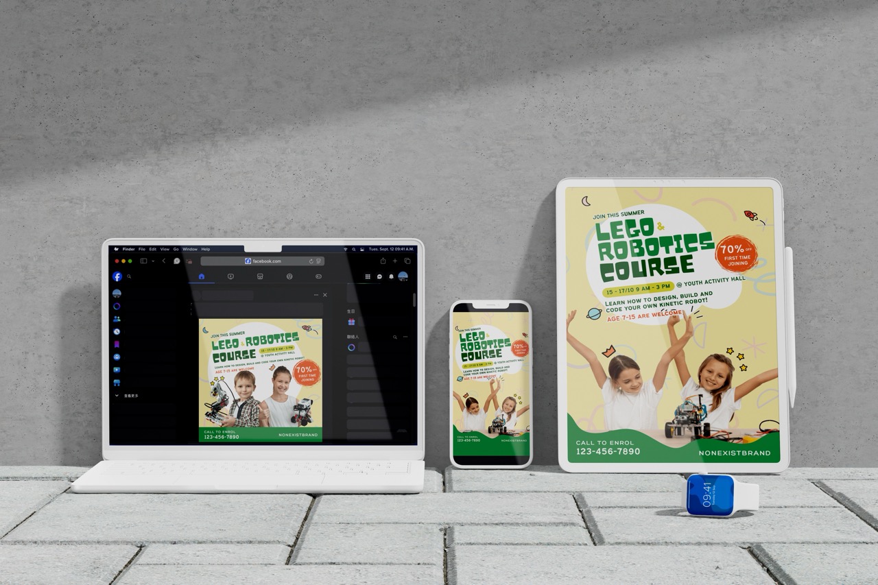 A laptop, smartphone, and poster display Lego Robotics Course ads with photos of smiling children and robots, highlighting a social campaign across different social media, beside an eraser on a tiled surface against a gray wall.