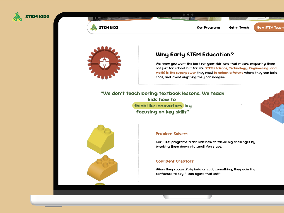 A laptop screen displays the STEM KIDZ website, featuring colorful LEGO blocks, a red gear icon, and text explaining the benefits of early STEM education for kids on a peach background.
