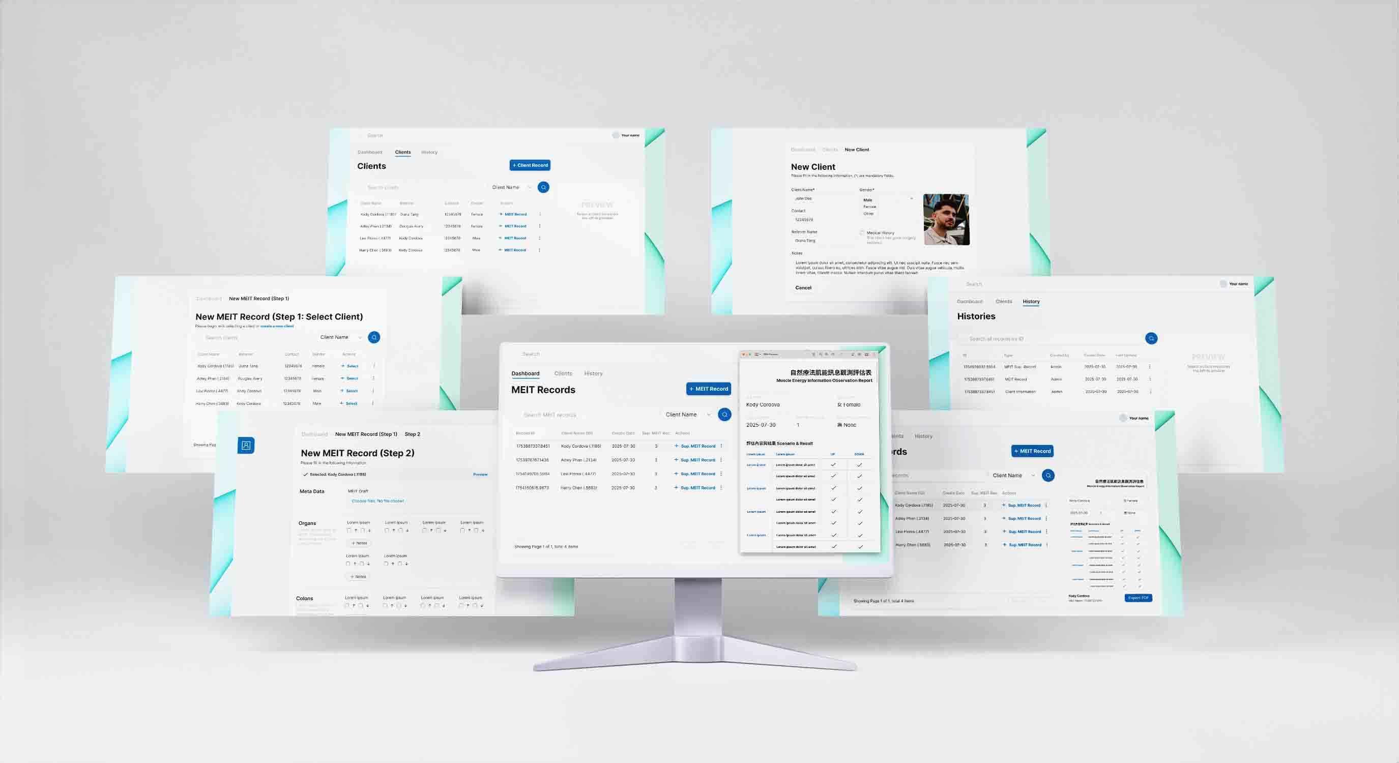 A computer monitor displays a CRM dashboard with client records, appointment details, and forms, surrounded by additional overlapping screens from the web portal showing similar data and user profiles on a light background.