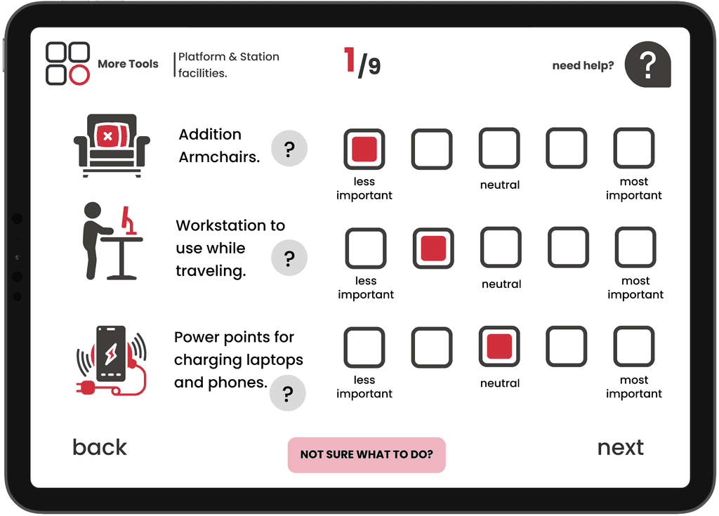 A tablet screen displays a web survey about platform facilities, featuring options like Additional Armchairs, Workstation to use while traveling, and Power points for charging devices. Usability is ranked from less to most important.