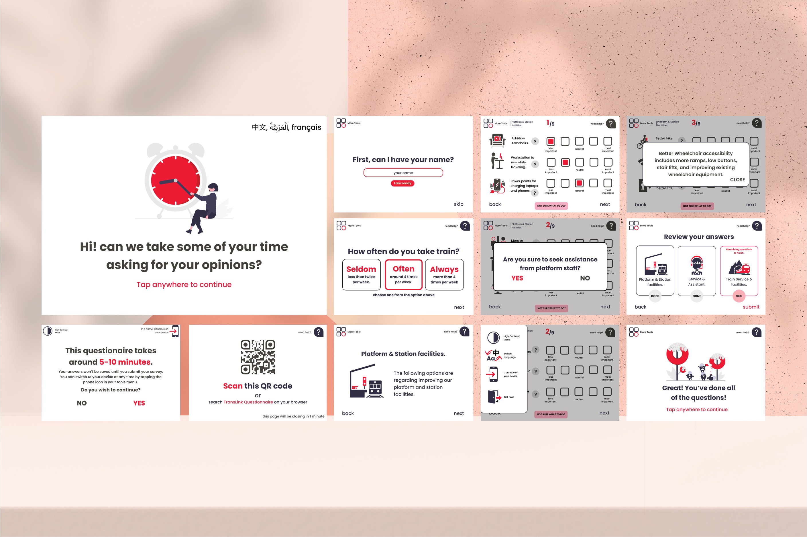 A user-centric design survey interface displayed on cards guides users through steps like entering a name, rating frequency, selecting platform experience, scanning a QR code, and ends with a thank you message—all in a pink and white color scheme.